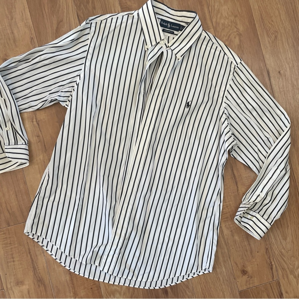 Ralph Lauren Blue Label Men’s 17 Custom Fit Blue White Stripe Button Down 32/33